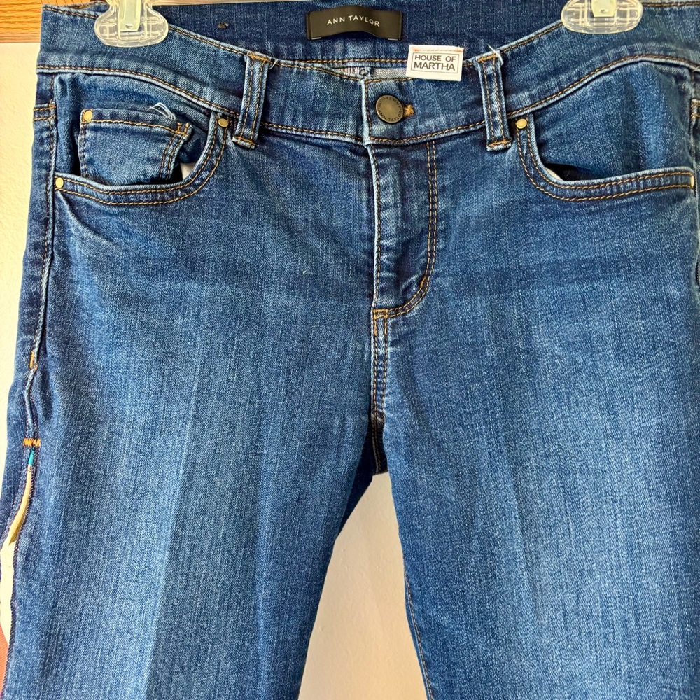 Ann Taylor Up Cycled with Vintage Arrowhead Quilt Bell Bottom Blue Jeans Sz‎ 8 - Picture 7 of 13